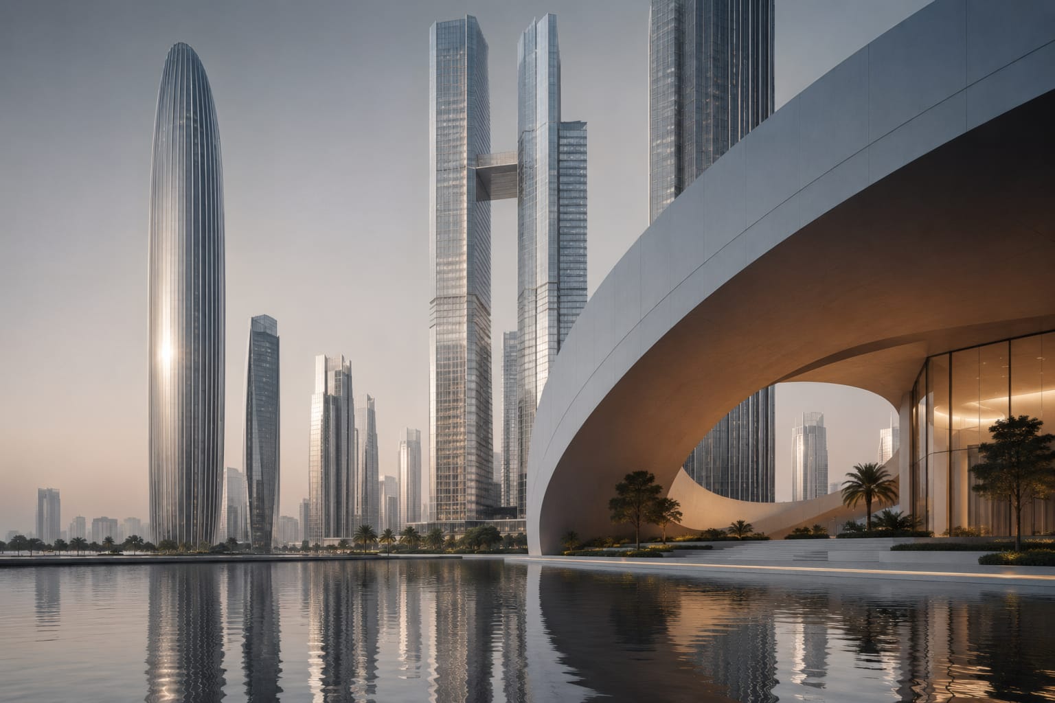 Modern cityscape with futuristic skyscrapers reflecting in a body of water at sunset.