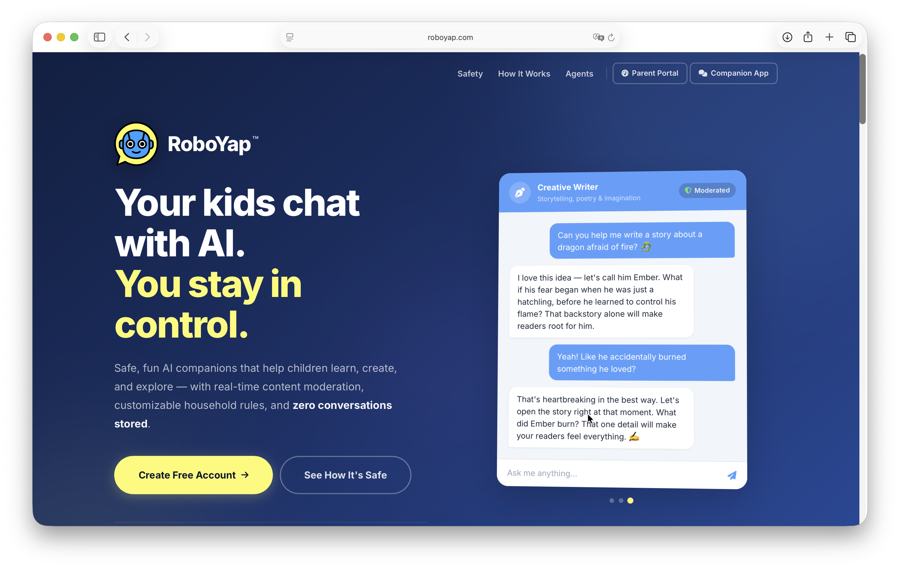 RoboYap interface showing AI chat companions for kids